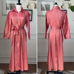 Isabel Riera Handmade Salmon Pink Iridescent Shirt Dress Midi $550 M